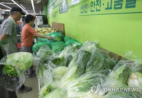 폭염과 폭우로 채소 가격 상승세가 이어지면서 추석(9월 24일) 물가마저 불안한 4일 오전 서울 한 마트에서 소비자들이 배추와 무를 고르고 있다. [연합뉴스]
