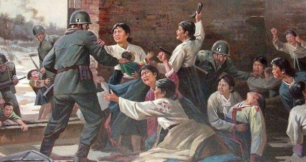 한국전쟁 중 발생했다는 신천대학살 사건의 진실을 둘러싼 논쟁이 지속되고 있다. 사진은 북한 신천박물관 내 그림.