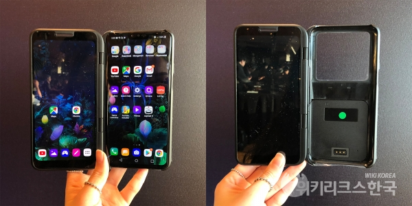 LG 듀얼 스크린. 왼쪽부터 LG V50 씽큐 5G 부착한 모습, 부착하지 않은 모습. [사진=위키리크스한국DB]
