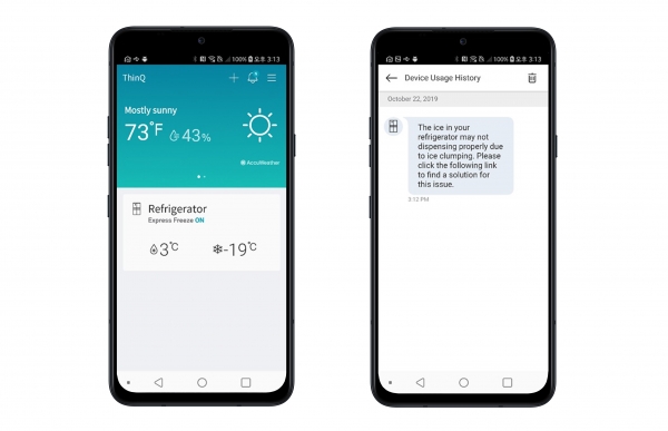 LG전자가 미국에 본격 런칭할 프로액티브 서비스가 LG 씽큐 앱에 등록된 냉장고의 작동상태를 분석해 얼음 디스펜서에 생길 수 있는 고장 가능성을 사전에 감지하고 최적의 상태를 유지할 수 있는 관리방법을 알려주고 있다. [사진=LG전자 제공]