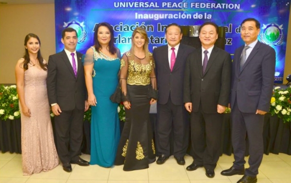 Commemorative picture taken on April 25, 2017, at the inaugural event for the International Association of Parliamentarians for Peace (IAPP) at the Bourbon Hotel in Asuncion, Paraguay. (Second from left) Congressman Hector Lesme, Congresswoman Cynthia Tarrago, UPF South America representative Dongmo Shin, UPF Central America representative Changshik Yang, Sungjong Seo (other Unification Church representative), Source: Family Federation for World Peace and Unification International Headquarters Facebook page