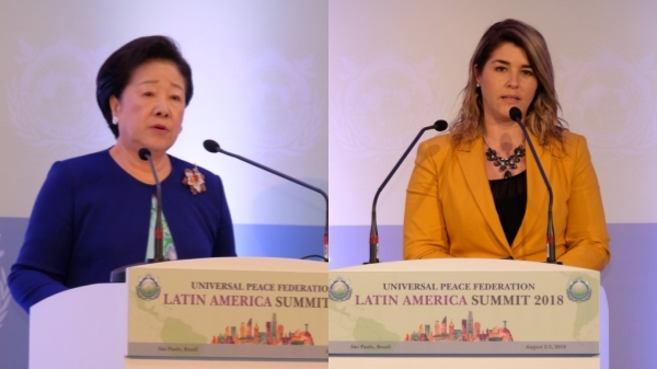 The President of the Unification Church, Hak Ja Han is addressing the Latin-America Summit held from August 2 to 5, 2018 in Sao Paulo, Brazil. Tarrago is seen next to her. [Photograph: Universal Peace Federation (UPF) website]