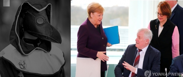 중세 흑사병 부리 마스크를 재현한 모습(왼쪽). 메르켈(왼쪽) 독일 총리의 악수 요청에 '코로나19' 주의 속 웃으며 거절하는 제호퍼 내무장관 [로이터=연합뉴스]