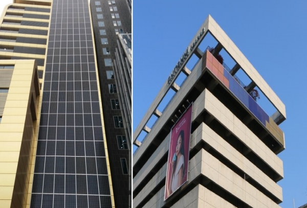 일반적인 태양광 패널을 소재로 시공한 빌딩(왼쪽)과 컬러 소재를 채택한 빌딩(오른쪽)