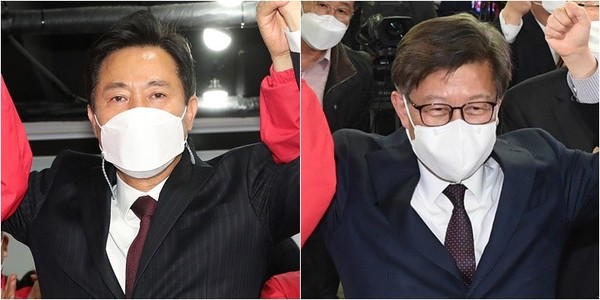 오세훈 서울시장 후보(왼쪽)와 박형준 부산시장 후보가 당선된 뒤 인사를 하고 있다.[출처=연합뉴스]