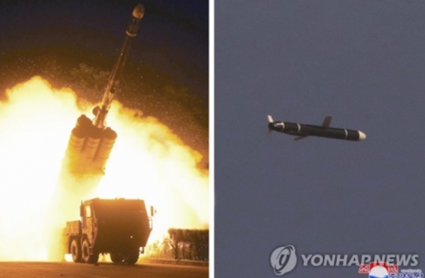 북한 국방과학원은 9월 11일과 12일 새로 개발한 신형장거리순항미사일시험발사를 성공적으로 진행했다고 조선중앙통신이 13일 보도했다. [출처=연합]