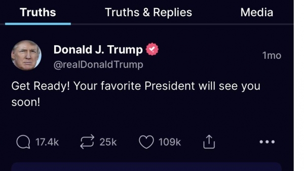 도널드 트럼프 전 대통령이 지난 2월 중순 ‘트루스 소셜(Truth Social)’에 마지막으로 올린 포스팅 [사진 = ATI]