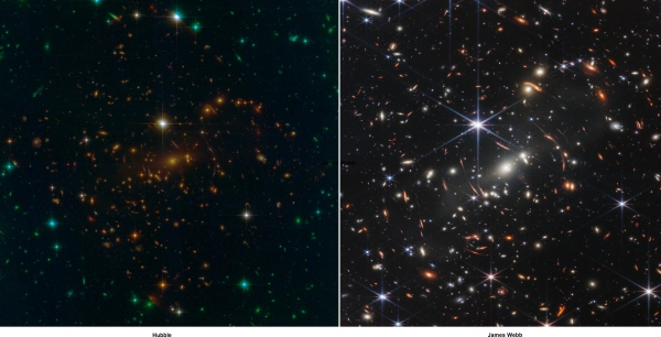 지난 11일(현지시간)NASA는 백악관 미리보기 행사를 통해 태고의 빛을 담은 SMACS 0723 은하단 사진의 허블과 제임스웹과 비교사진. 디테일이 차원이 다름을 확인할 수 있다.[출처=NASA]