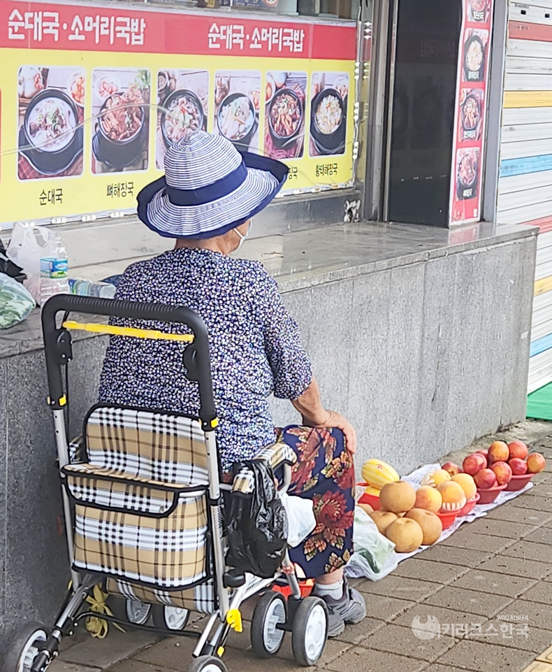 정오가 지난 오후. (위부터)남한산성역입구역 인근에 있는 한 국밥집 옆에서 한 노인이 과일을 팔고 있다. 지하철 3, 8호선 환승역인 가락시장역 인근에서 잡화를 파는 한 노인이 오수에 빠졌다. [출처=정수남 기자]