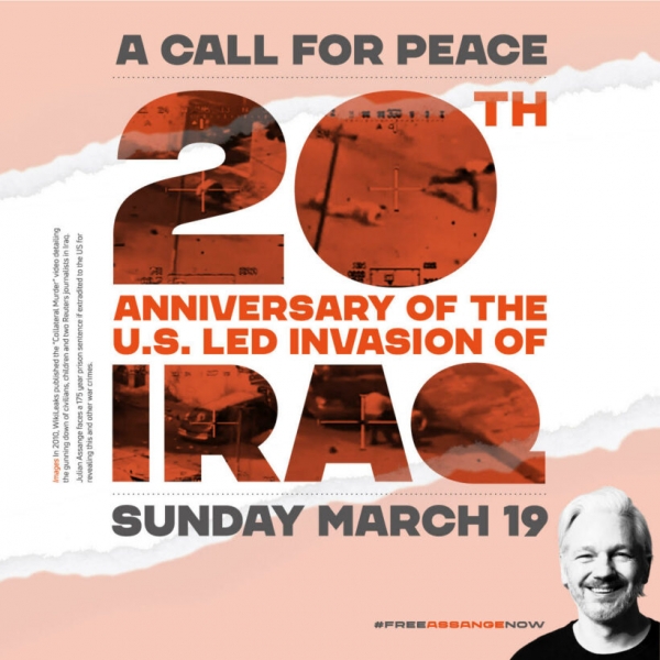 미국의 전쟁범죄 증거 영상 ‘부수적 살인’을 배경으로 만든 미국의 이라크 침공 20주년 기념 어산지 석방 캠페인 포스터. [출처=pressenza]