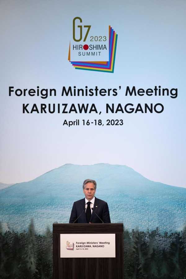 토니 블링컨 미국 국무부 장관이 18일 주요 7개국 외무장관회의가 진행되는 일본 나가노현 가루이자와에서 기자회견하고 있다. [출처=AFP/ 연합]