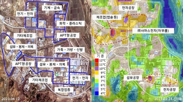 지난 18일 자유아시아방송(RFA) 등에 따르면 북한이 개성공단 시설을 무단 사용하고 있다는 정황이 담긴 열적외선 위성사진이 공개됐다. 열적외선으로 온도를 감지하면 온도가 높은 곳은 '붉은색', 낮은 곳은 '푸른색'으로 나타나는데 열을 발산하는 붉은색 구역이 4곳 식별됐다. 정성학 경북대학교 국토위성정보연구소 부소장은 고열이 발생하는 공장 4곳은 전자공장 2곳, 섬유공장 1곳, 제조업 공장 1곳이라고 밝혔다. [출처=연합]