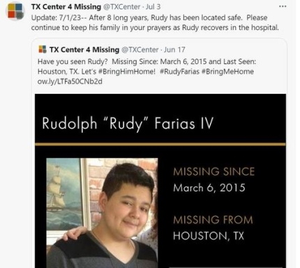 2015년 이후 8년간 실종 신고 상태였던 미 텍사스주 남성[텍사스 실종센터(TX Center 4 Missing) 트위터]