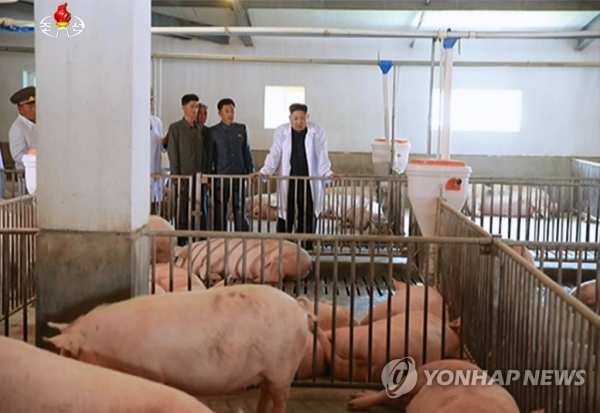 김정은 북한 노동당 위원장이 북한군 공군부대의 돼지공장을 시찰했다고 조선중앙TV가 23일 보도했다. [사진=연합뉴스]