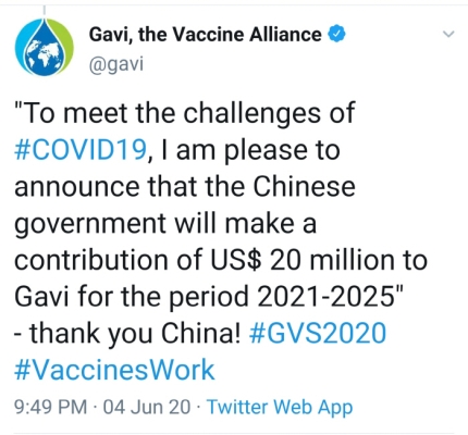5일(한국시간) 세계백신연합(GAVI)이 공식 트위터 계정에서 공개한 리커창 중국 총리의 기부액은 2000만 달러로 한국(3000만 달러)보다도 낮은 수준을 기록했다. [사진 출처 = GAVI]