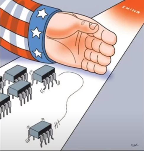 미국 정부가 중국을 차단하면서 글로벌 반도체회사들로 진용을 구축하는 상황을 그린 삽화. [스트레이트타임스]