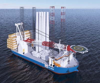 대우조선해양이 이번에 수주한 대형 해상풍력발전기 설치선 ‘NG-16000X’ 디자인 조감도. [출처=대우조선해양]