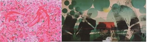 한국작가 이범헌 '꽃춤'(왼쪽)과 일본 작가 사코하타 가즈오 작품. [출처=오사카한국문화원 제공]