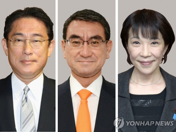 일본 총리를 사실상 결정하는 집권 자민당 총재 선거가 29일 실시된다. 사진은 총재 선거 출마를 선언한 (왼쪽부터) 기시다 후미오, 고노 다로, 다카이치 사나에. [사진출처=연합뉴스]