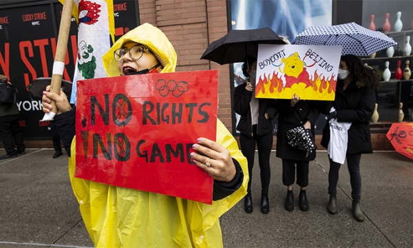 중국 위구르족 인권탄압을 규탄하며 베이징 동계올림픽 반대하는 미 시위대 [EPA연합뉴스]