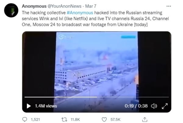 국제 해커 단체 어나니머스가 지난 7일 소셜미디어(SNS)를 통해 러시아 국영 TV를 해킹하고 우크라이나 전쟁 장면을 송출했다. (출처 : 어나니머스 공식 트위터)