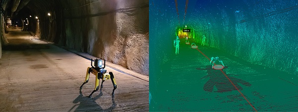 현대건설이 개발한 인공지능 무인 안전 서비스 로봇 ‘스팟‘이 터널 현장의 3D 형상 데이터를 취득하고 분석하는 모습. [사진=현대건설]​