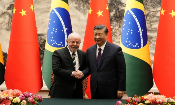 시진핑 중국 국가주석(오른쪽)과 중국을 방문 중인 루이스 이나시우 룰라 다시우바 브라질 대통령이 14일 수도 베이징 인민대회당에서 서명식을 마친 뒤 악수하고 있다. [사진 = 연합뉴스]
