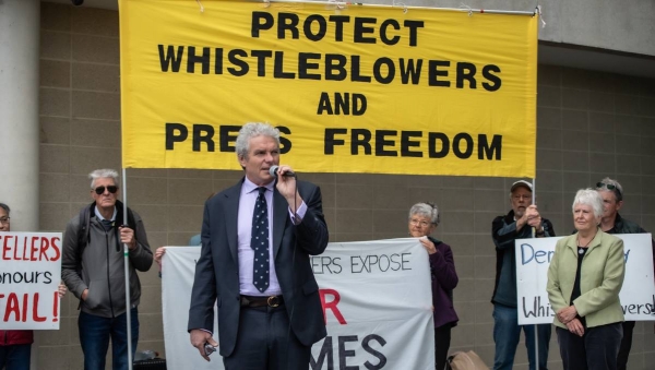Army whistleblower David McBride speaks outside court. The Canberra Times