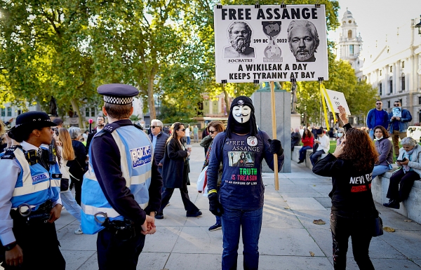 Part of a demonstration in London on Oct. 8,2022, to free Julian Assange.&nbsp;[AP]