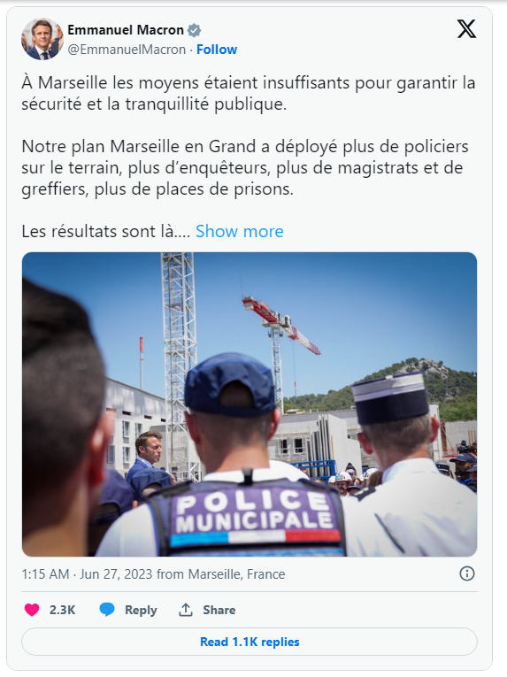 마르세유 지역의 마약 퇴치 활동과 관련한 에마뉘엘 마크롱 프랑스 대통령의 트윗.“치안 활동이 부족했던 마르세유에 ‘마르세유 앙 그랜드(Marseille en Grand)’ 계획을 세우고, 법집행 인력을 늘이도록 조치했습니다.”라고 씌어있다. [사진 = X]