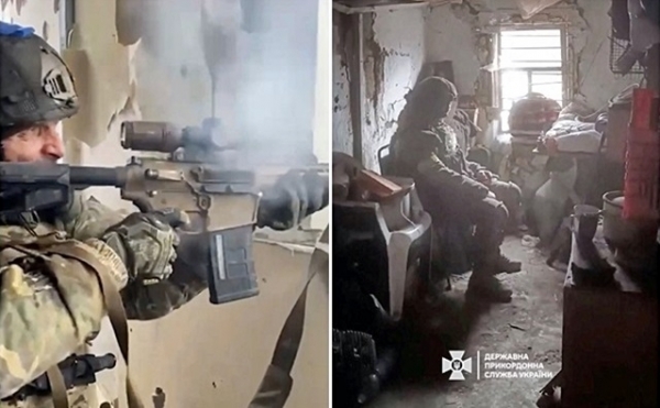 지난달 16일(현지 시각) 우크라이나 국경수비대가 공개한 동영상에서 우크라이나 군인들이 파괴된 아우디이우카 건물에서 적진을 향해 기관총을 발사하고 있다. [사진 = 연합뉴스]