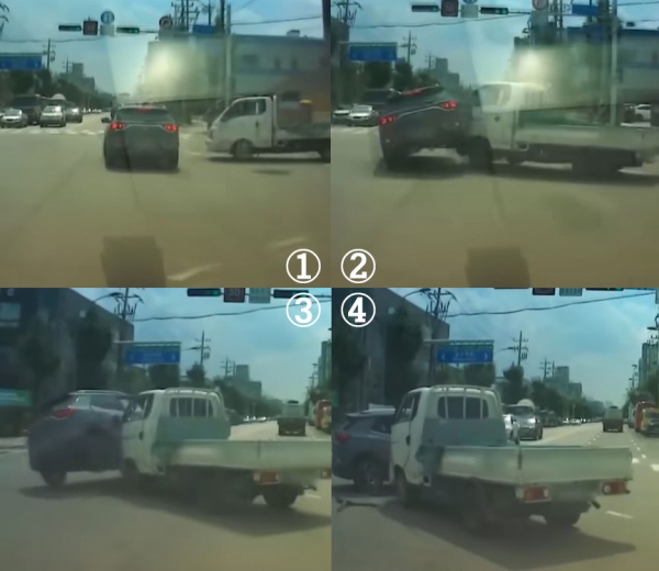 트럭이 KG모빌리티 SUV 차량 측면을 추돌했는데도, SUV 차량이 전복되지 않으며 운전자를 보호했다. 사진=유튜브영상캡처&편집